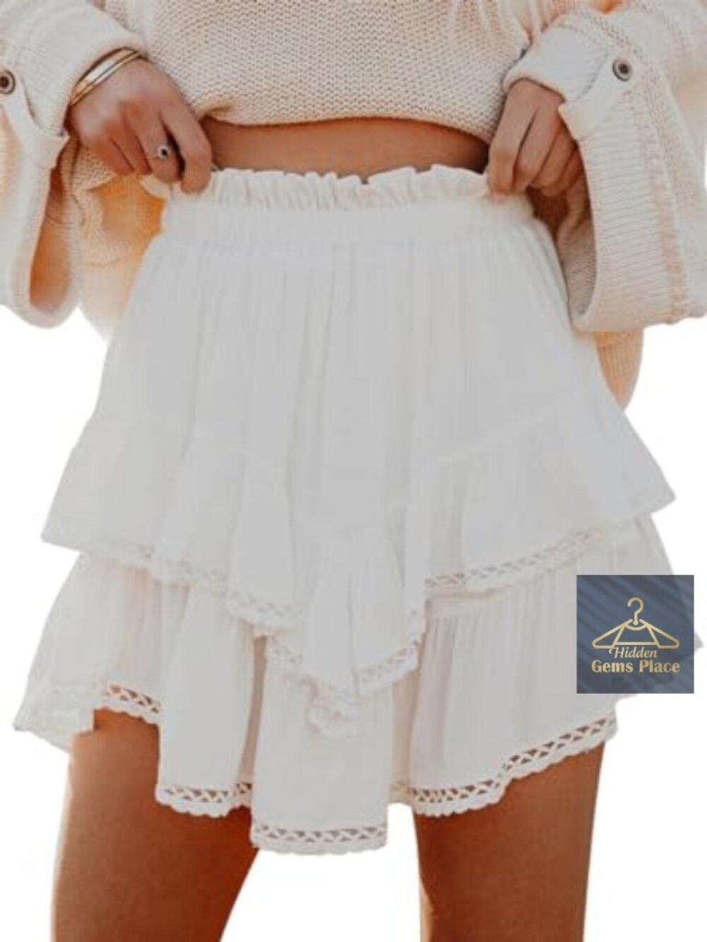 Flowy Ruffle Tiered Skorts Crochet Hem Elastic Waist Active Shorts